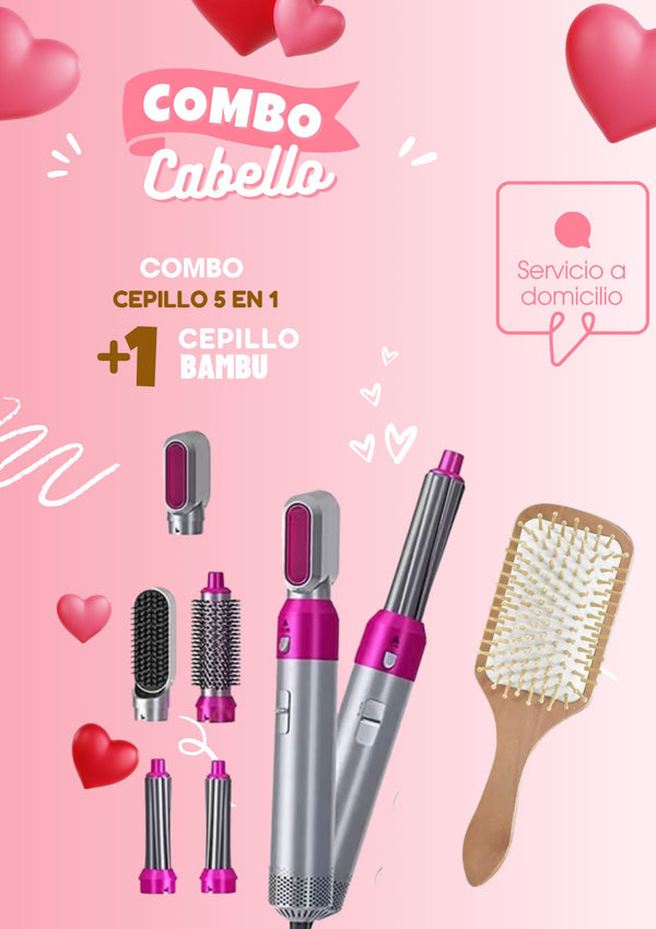 Combo Cepillo 5 en 1 + Cepillo de Bambu - Cuidado Completo para Tu Cabello y Piel